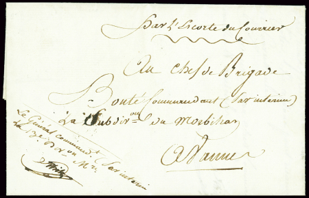 Lettre de Pontivy (An 7) du général par interim de la 13e division militaire adressée à Vannes. TB