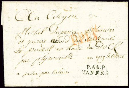 Prisonniers en Angleterre : lettre d'un PG libéré adressée à un prisonnier français à Plymouth avec MP "P 54 P Vannes" (1795). TB