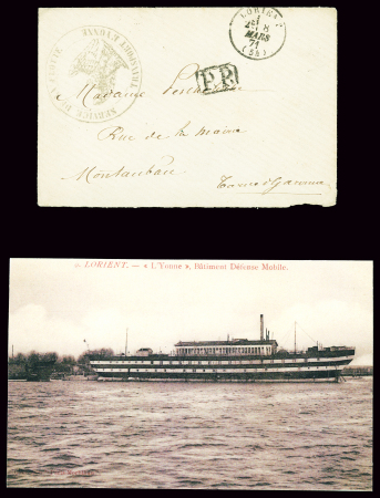 Lettre avec CAD T16 Lorient (8 mars 71) + "PP" encadré noir + cachet noir avec aigle à tête coupée suite à la chute du second Empire "Service de la flotte transport l'Yonne". Rare et TB