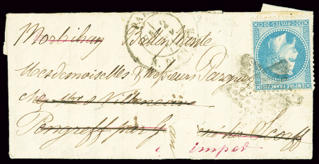 N°29 OBL étoile 8 + CAD "Paris R. d'Antin" (2 janv 71) sur ballon monté pour Guéméné (arrivée 12 janvier) réexpédié à Quimper. TB