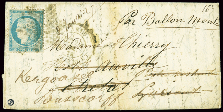 N°37 OBL étoile 22 + CAD "Paris R. Taitbout" (20.12.1870) sur ballon monté pour Etretat réexpédié à Pont-Scorff (1.1.71) (Le Lavoisier). TB
