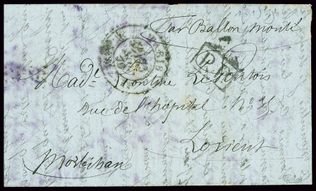 Lettre par ballon monté avec CAD "Paris R. Milton" (23 nov 70) + "PP" encadré pour Lorient (arrivée 11 dec) (timbre décollé dans l'accident). TB