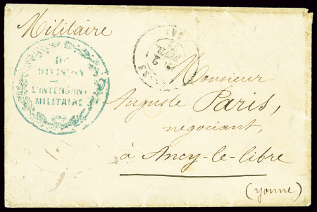 Lettre en franchise militaire avec CAD T17 Vannes (2 fev 71) + cachet bleu entouré de lauriers "16e division l'intendant militaire". TB