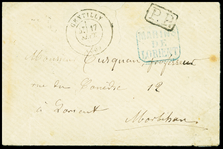 Lettre avec CAD T17 "Gentilly (60)" (17 sept 70 - avant-veille du début du Siège de Paris) + cachet rect bleu "Marins de Lorient". Rare et TB
