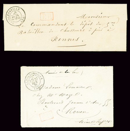 2 lettres avec CAD T17 "Napoléonville (54)" (27 et 29 oct 71) + "PP" rouge encadré dont l'une avec mention manuscrite "Armée de la Loire". TB
