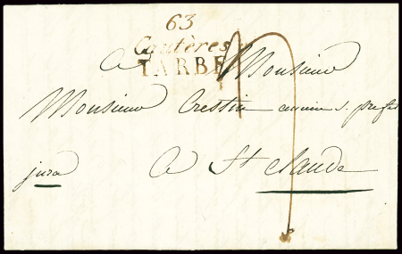 Lettre avec cursive double "63 Cautères Tarbe" (1822), ind 18. TB