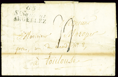 Saint-Sauveur les Bains : lettre avec cursive "63 St Sauveur Argellez" (1826), ind 18. TB