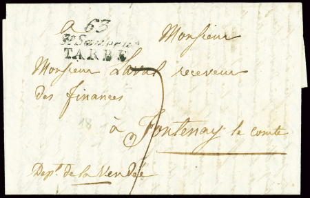 Cursive double "63 St Sauveur Tarbe" (1825), ind 18. TB