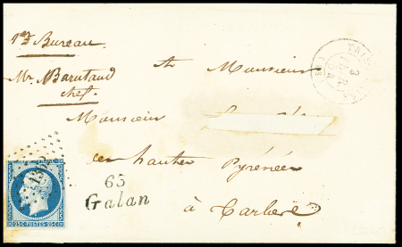N°10 (touché) OBL PC 1362 + T15 "Trie-s-Baïse" (1854) + cursive "63 Galan" sur lettre (nom du destinataire découpé). TB