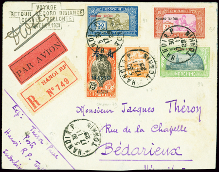 17.11.1929. Hanoï - Paris par Costes et Bellonte. Lettre (retaillée en bas) avec cachet spécial et signature de Costes (M 131 Indochine). TB