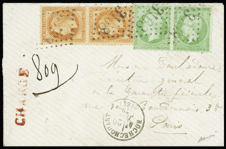 N°31 en paire + 35 en paire OBL GC 3168 + T16 Rochechouart (1872) sur lettre chargée. TB