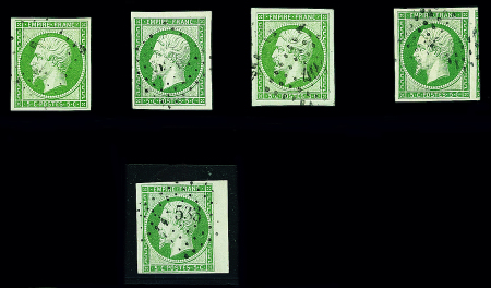 N°12 5c vert, sélection de cinq timbres dont obl. PC