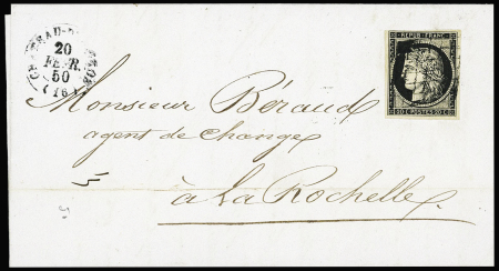 N°3 OBL grille + T15 Château d'Oleron (1850) sur lettre. TB