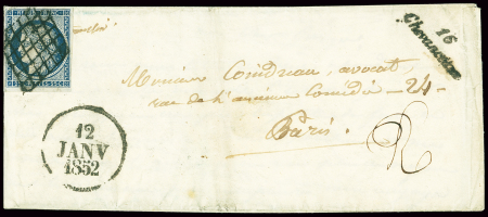 N°4 OBL grille + cursive "16 Chevanceaux" + dateur "A" sur lettre, ind 20. TB