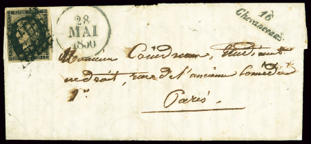 N°3 OBL grille + cursive "16 Chevanceaux" + dateur "A" (1850) sur lettre, ind 23. TB