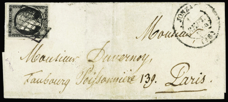 N°3 OBL grille + T14 Jonzac (1849) sur lettre, ind 17. TB