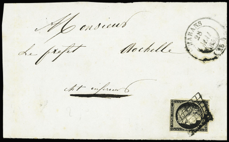 N°3 OBL grille + T14 Marans (1850) sur devant de lettre, ind 16. TB