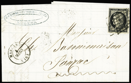 N°3 OBL grille + T15 Marennes (1850) sur lettre, ind 15. TB