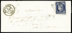 N°4 OBL grille + T15 Marennes (1851) + cursive "16 Soubize" sur lettre, ind 21. TB