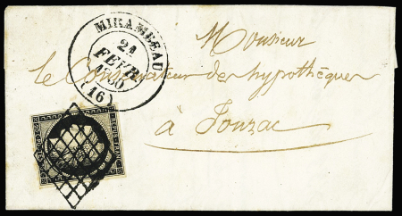 N°3 OBL grille + T14 Mirambeau (1850) sur lettre, ind 17. Jolie pièce