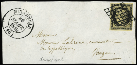N°3 OBL grille + T14 Mirambeau (1849) sur lettre, jolie pièce, ind 17