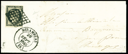 N°3 OBL grille + T13 Mirambeau (1849) sur lettre, ind 17. TB
