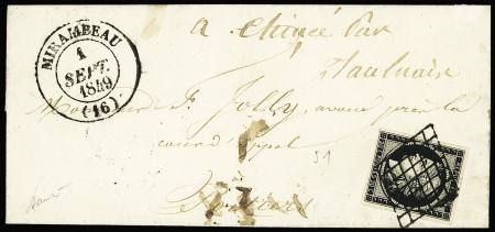 N°3 OBL grille + T14 Mirambeau (1849) sur lettre, ind 17. Jolie pièce