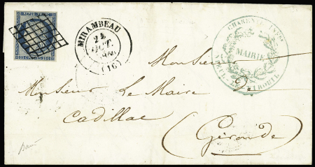 N°4 OBL grille + T14 Mirambeau (1850) sur lettre, ind 16. TB