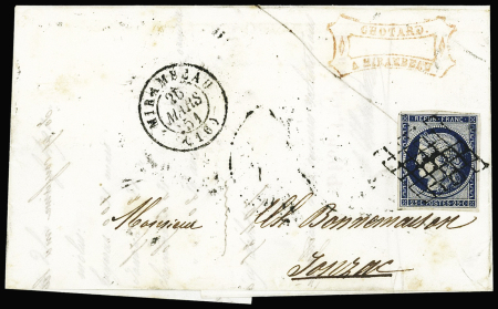 N°4 OBL grille T15 Mirambeau (1851) sur lettre, ind 17. TB
