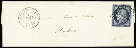 N°4 OBL grille + T15 Mirambeau (1851) sur lettre, ind 16. TB