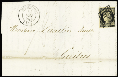 N°3 OBL grille + T14 Montendre (1849) sur lettre, ind 20. TB