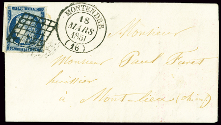 N°4 OBL grille + T14 Montendre (1851) sur lettre, ind 19. TB