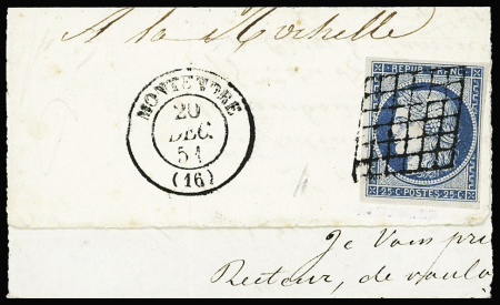 N°4 OBL grille + T15 Montendre (1851) sur grand fragment (ind 19), jolie pièce