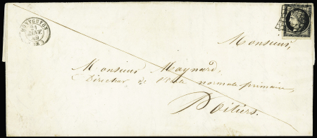 N°3 OBL grille + T15 Montguyon (21 janv 49) sur une grande lettre, ind 18. TB