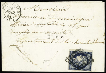 N°4 OBL grille + T15 Montguyon (1851) sur lettre, ind 16. TB
