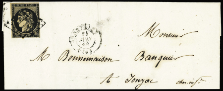N°3 20c noir sur chamois OBL grille + T15 Montlieu (1850) sur lettre, ind 18. TB