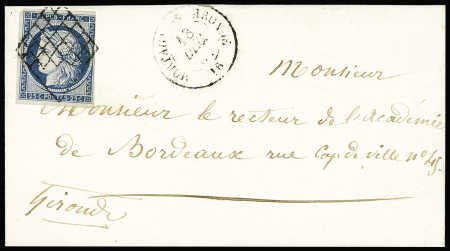 N°4 OBL grille + T15 Mortagne-s-Gironde (1851) sur lettre, ind 17. TB