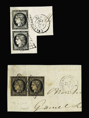 N°3 en paire OBL grille + T15 Nuaillé (1850) sur fragment (ind 19) et n°3, 20c noir sur chamois en paire OBL grille + T15 "La Voulte-s-Rhone 6" (1850 Ardèche) sur fragment. TB