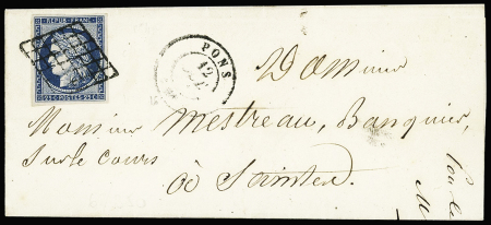 N°4 OBL grille + T15 Pons (1851) sur lettre, ind 13. TB