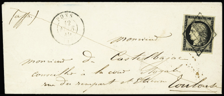 N°3 OBL grille + T15 Pons (1849) sur lettre, ind 15. TB