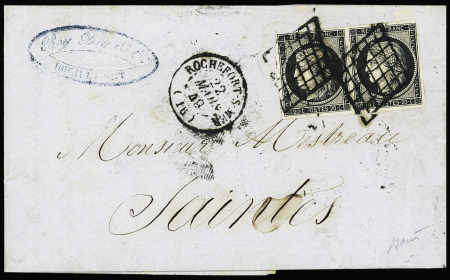 N°3 en paire OBL grille + T15 Rochefort-s-Mer (1849) sur lettre, ind 12+. TB