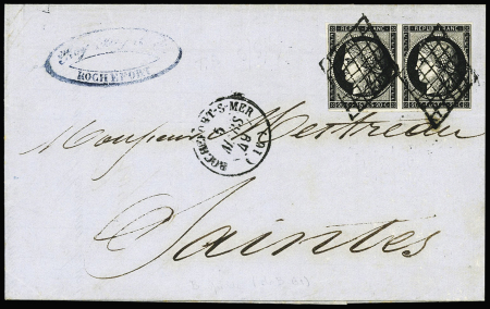 N°3 en paire OBL grille + T15 Rochefort-s-Mer (1849) sur lettre, ind 12+. TB
