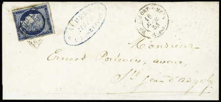 N°4 OBL grille + T15 Rochefort-s-Mer (1851) sur lettre, ind 10. TB
