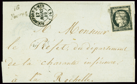 N°3 OBL grille + T15 Rochefort-s-Mer (1849) + cursive "16 Fouras" sur lettre, ind 25. RR et TB