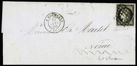 N°3 OBL grille + T15 La Rochelle (1850) sur lettre, ind 13. TB