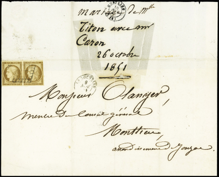 N°1, 10c bistre en paire OBL grille + T15 La Rochelle (8 nov 51) sur lettre au tarif journal du 1.1.1829 pour expédition à l'intérieur du département de publication, consolidation intérieure avec du scotch sinon TB