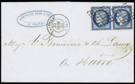 N°4 en paire OBL grille + T15 Saintes (1850) sur lettre. TB