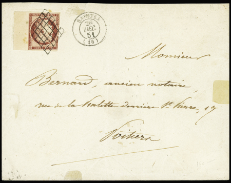 N°6, 1F carmin, légèrement touché à gauche mais grand BDF à droite OBL grille + T15 Saintes (1851) sur lettre