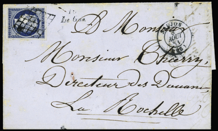 N°4 OBL grille + cursive "16 Le Gua" + T15 Saujon (1851), sur lettre, ind 21. TB