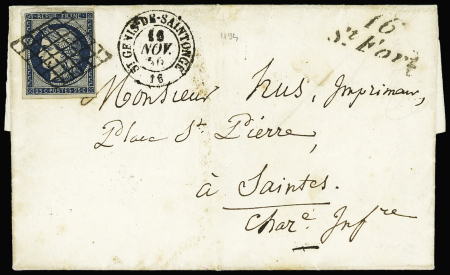 N°4 OBL grille + cursive "16 St Fort" + T15 "St Genis de Saintonge" (1850) sur lettre, ind 21. TB